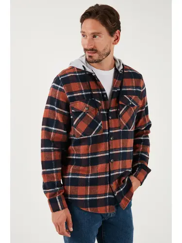 Plaid Double Pocket Hooded Lumberjack Men's Shirt CF22W2650-Brown - 6