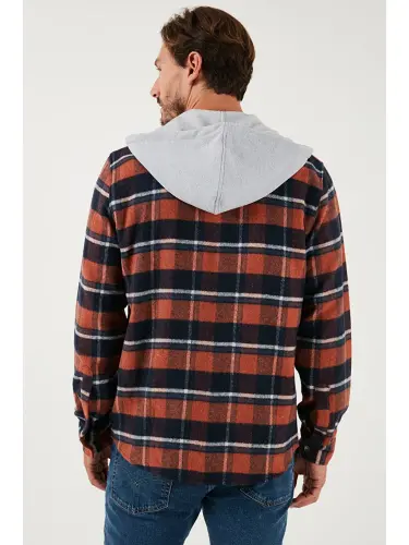 Plaid Double Pocket Hooded Lumberjack Men's Shirt CF22W2650-Brown - 7