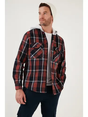 Plaid Double Pocket Hooded Lumberjack Men's Shirt CF22W2650-Brown - 3