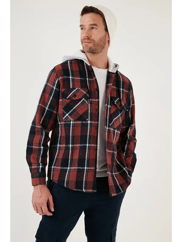 Plaid Double Pocket Hooded Lumberjack Men's Shirt CF22W2650-Brown - 3