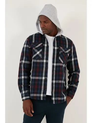 Plaid Double Pocket Hooded Lumberjack Shirt CF22W2650-Navy Blue - 1