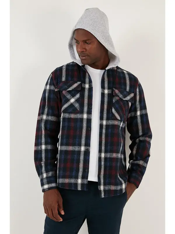 Plaid Double Pocket Hooded Lumberjack Shirt CF22W2650-Navy Blue - LC WAIKIKI
