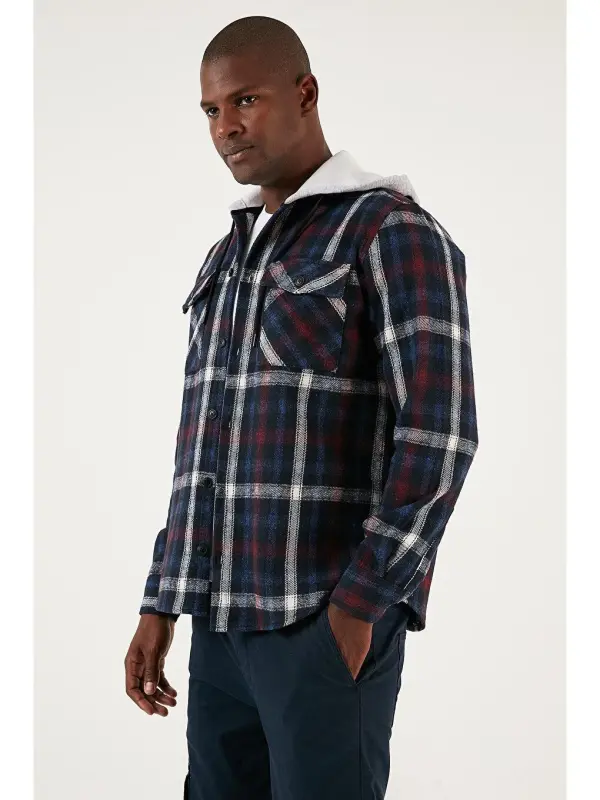 Plaid Double Pocket Hooded Lumberjack Shirt CF22W2650-Navy Blue - 2