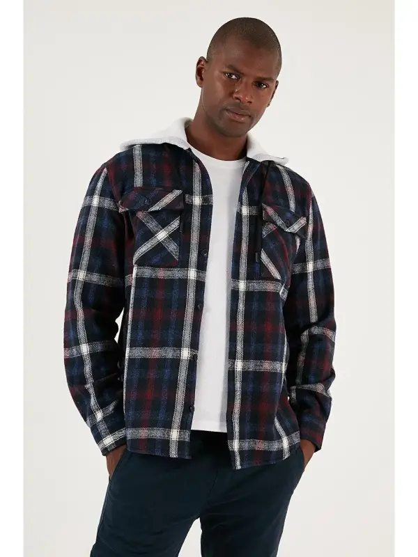 Plaid Double Pocket Hooded Lumberjack Shirt CF22W2650-Navy Blue - 3
