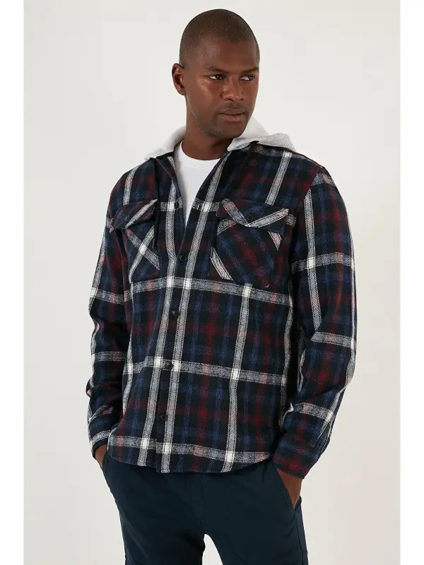 Plaid Double Pocket Hooded Lumberjack Shirt CF22W2650-Navy Blue - 4