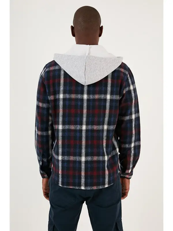 Plaid Double Pocket Hooded Lumberjack Shirt CF22W2650-Navy Blue - 5