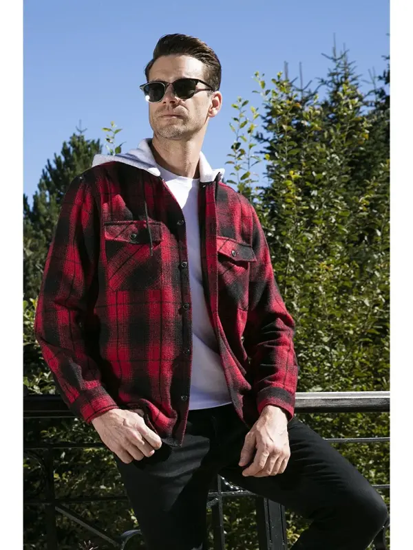Plaid Double Pocket Hooded Lumberjack Shirt CF22W2650-Red - 1