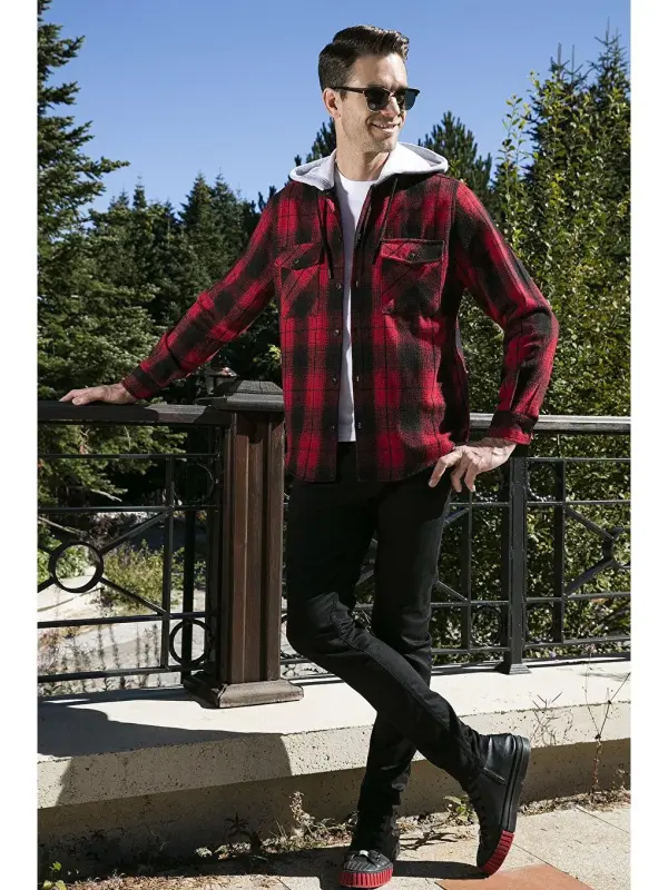 Plaid Double Pocket Hooded Lumberjack Shirt CF22W2650-Red - 2