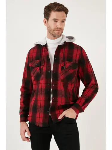 Plaid Double Pocket Hooded Lumberjack Shirt CF22W2650-Red - 3