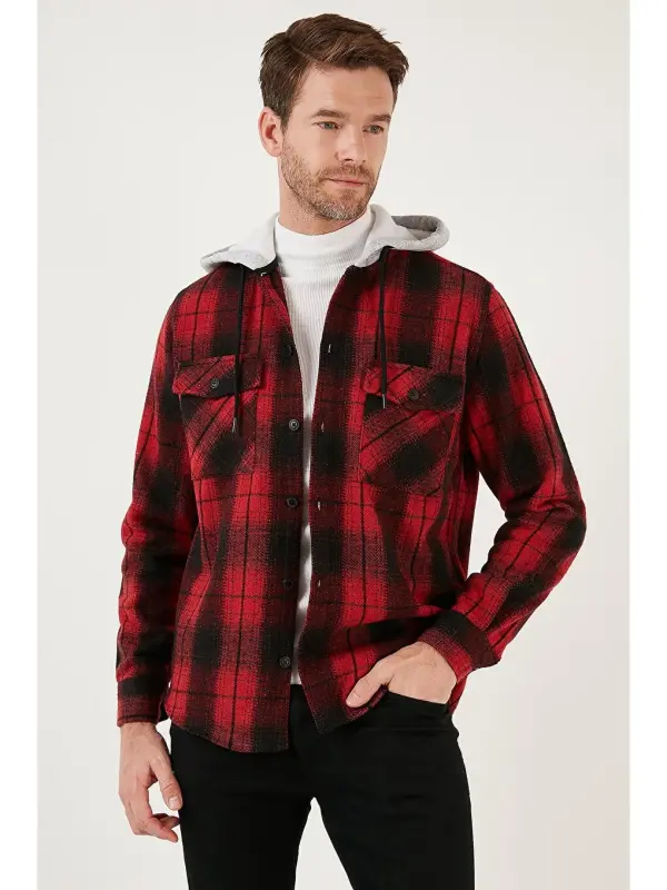Plaid Double Pocket Hooded Lumberjack Shirt CF22W2650-Red - 3