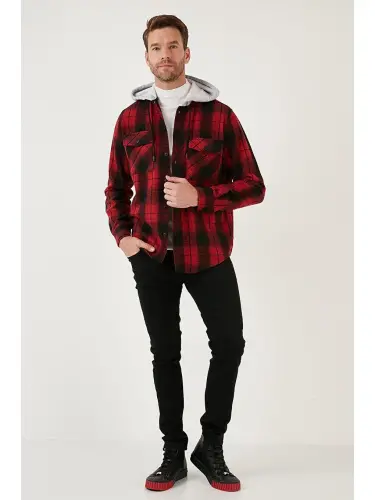 Plaid Double Pocket Hooded Lumberjack Shirt CF22W2650-Red - 4