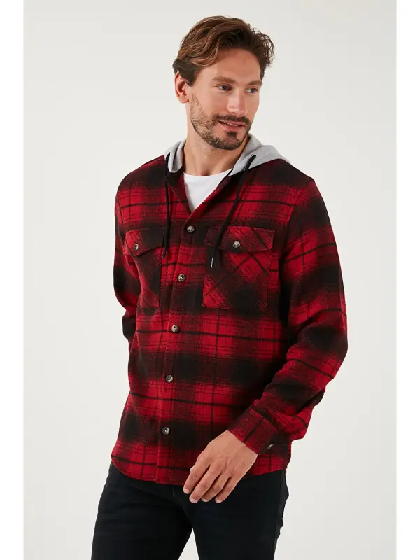 Plaid Double Pocket Hooded Lumberjack Shirt CF22W2650-Red - 6