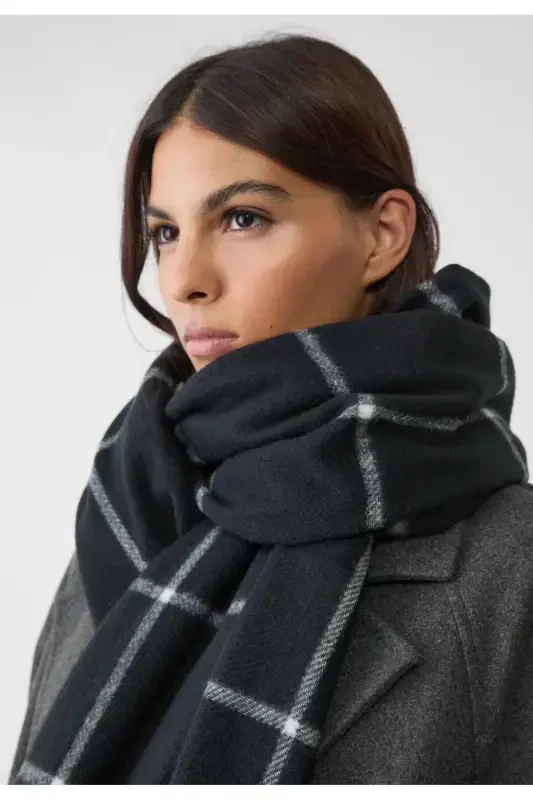 Plaid Fine Striped Scarf - black plaid - 2