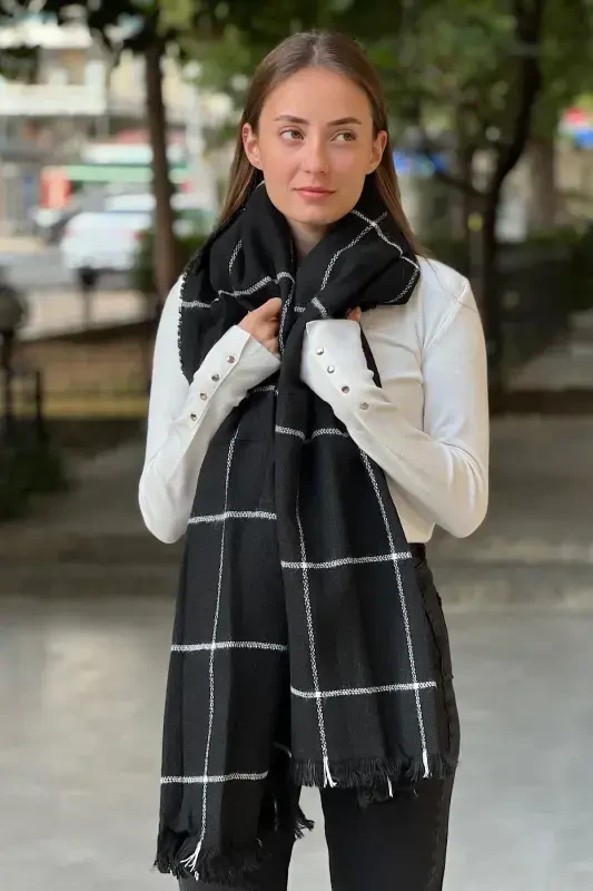 Plaid Fine Striped Scarf - black plaid - 4