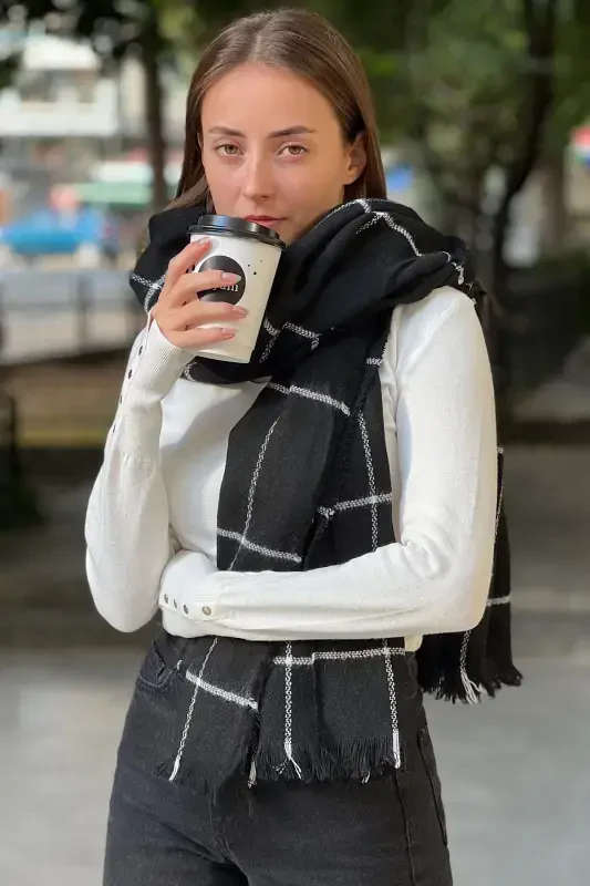 Plaid Fine Striped Scarf - black plaid - 5