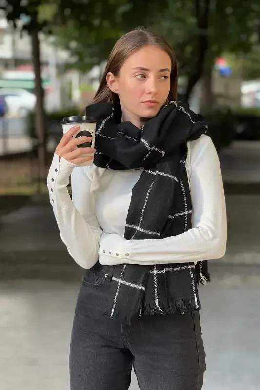 Plaid Fine Striped Scarf - black plaid - 6