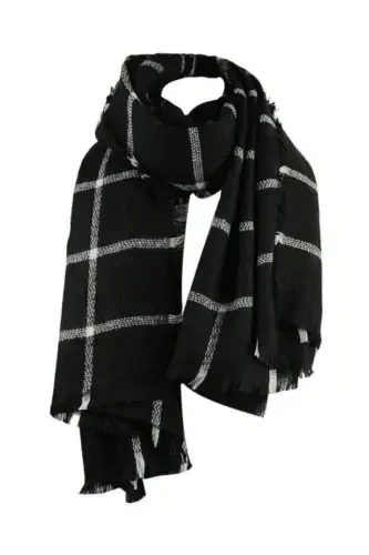 Plaid Fine Striped Scarf - black plaid - 7