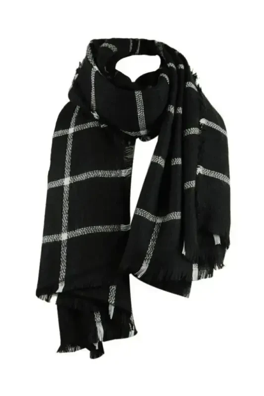 Plaid Fine Striped Scarf - black plaid - 7