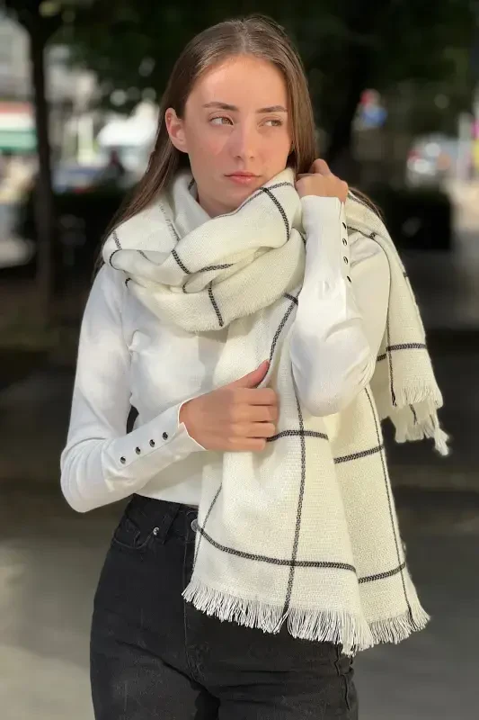 Plaid Fine Striped Scarf-white plaid - 1