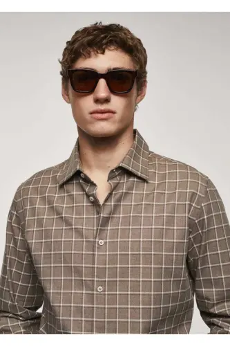 Plaid Flannel Cotton Shirt-Beige - 5