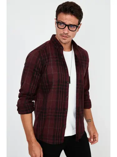 Plaid Long Sleeve Winter Flannel Shirt CF21W112844-Burgundy - LC WAIKIKI (1)