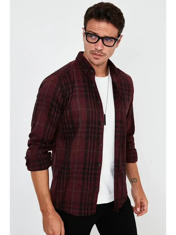 Plaid Long Sleeve Winter Flannel Shirt CF21W112844-Burgundy - 2
