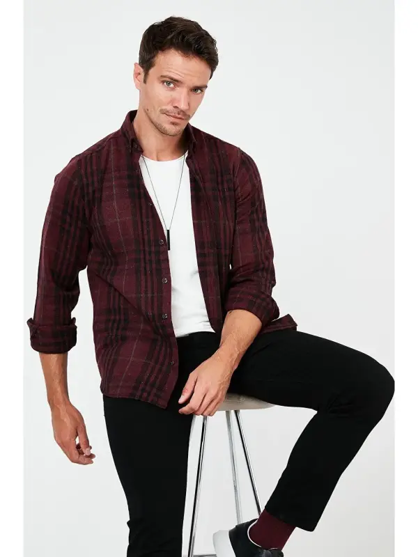 Plaid Long Sleeve Winter Flannel Shirt CF21W112844-Burgundy - 3