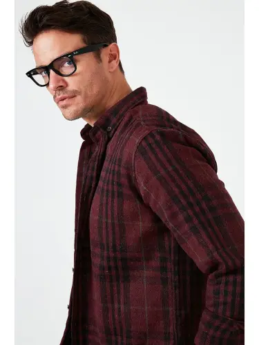 Plaid Long Sleeve Winter Flannel Shirt CF21W112844-Burgundy - 4