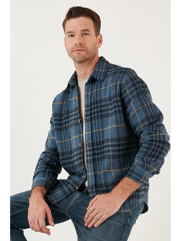 Plaid Long Sleeve Winter Flannel Shirt CF21W112844-Indigo - 1