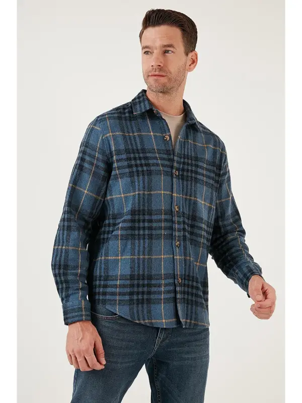Plaid Long Sleeve Winter Flannel Shirt CF21W112844-Indigo - 3