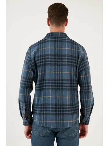 Plaid Long Sleeve Winter Flannel Shirt CF21W112844-Indigo - 5