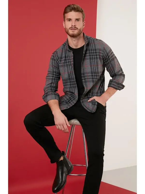 Plaid Long Sleeve Winter Lumberjack Shirt CF21W112844-Anthracite - 2
