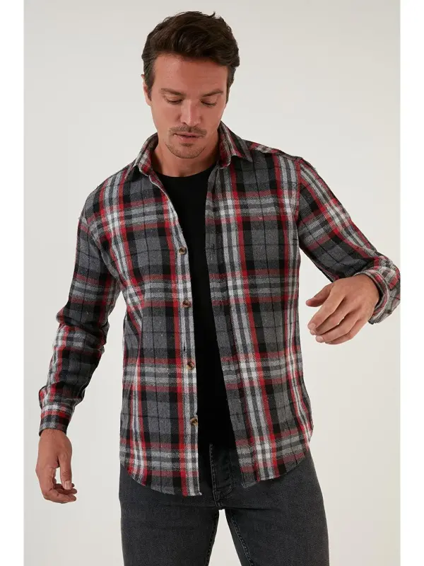 Plaid Long Sleeve Winter Lumberjack Shirt CF21W112844-Gray - 3