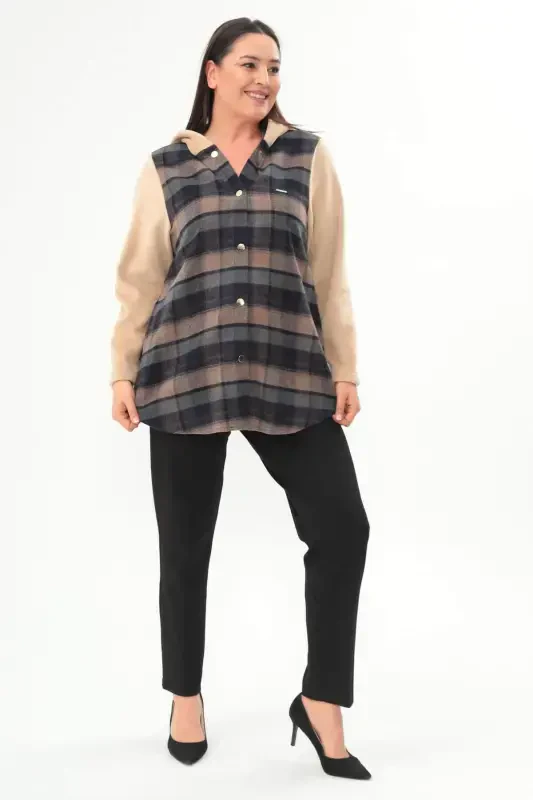 Plaid Pattern Snap Button Pocket Detail Beige Jacket - 1