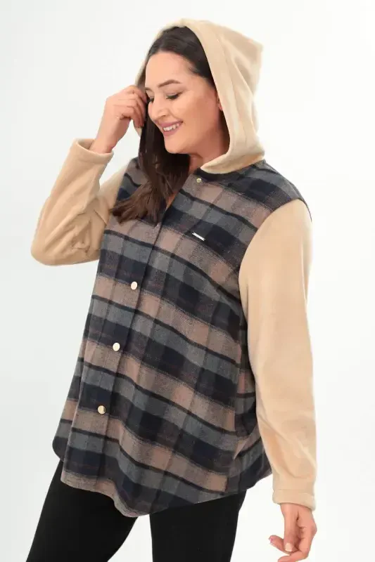 Plaid Pattern Snap Button Pocket Detail Beige Jacket - 3