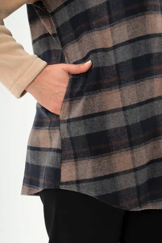 Plaid Pattern Snap Button Pocket Detail Beige Jacket - 4