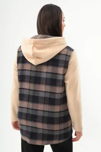 Plaid Pattern Snap Button Pocket Detail Beige Jacket - 5