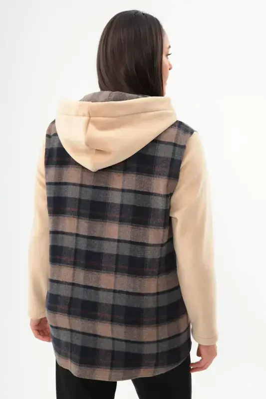 Plaid Pattern Snap Button Pocket Detail Beige Jacket - 5