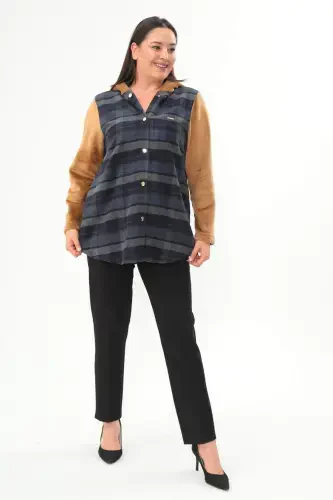 Plaid Pattern Snap Button Pocket Detailed Navy Blue Coat - 1