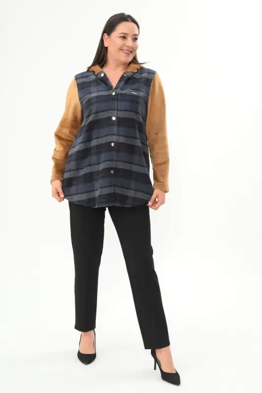 Plaid Pattern Snap Button Pocket Detailed Navy Blue Coat - 1