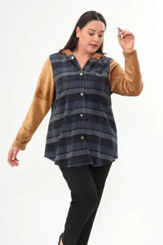 Plaid Pattern Snap Button Pocket Detailed Navy Blue Coat - 3