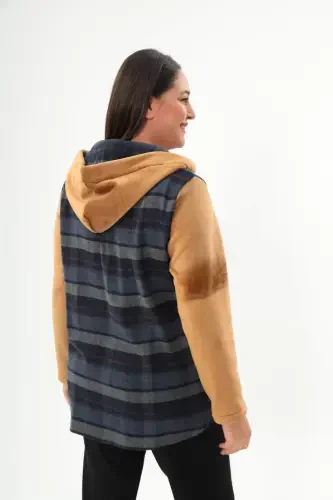 Plaid Pattern Snap Button Pocket Detailed Navy Blue Coat - 5