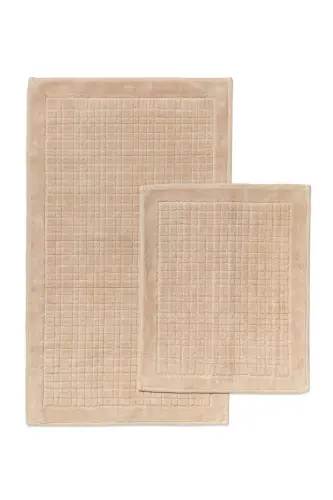 Plaid Patterned 2-Piece Bath Mat Set - 100% Cotton-Beige 