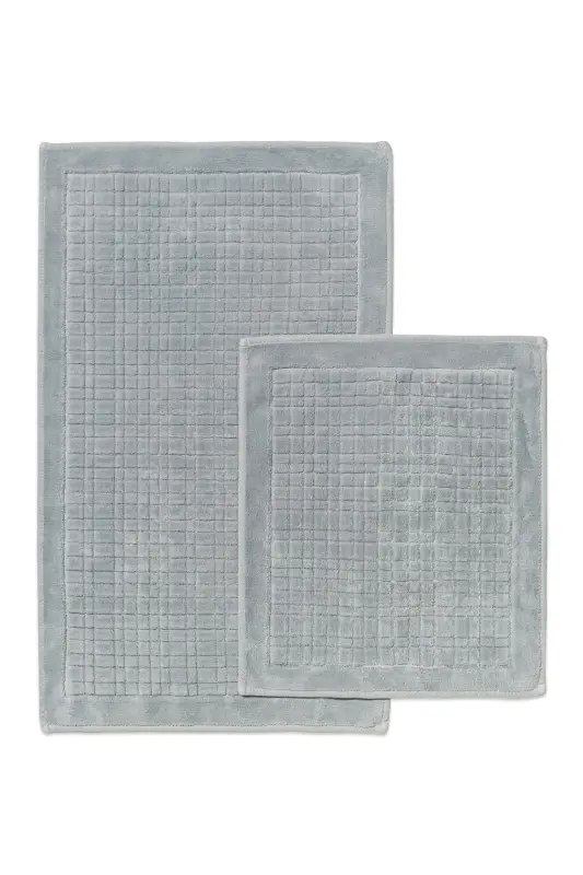 Plaid Patterned 2-Piece Bath Mat Set - 100% Cotton-Gray - 1
