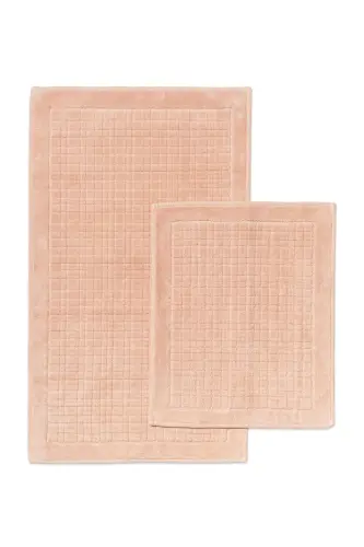 Plaid Patterned 2-Piece Bath Mat Set - 100% Cotton-Salmon - 1