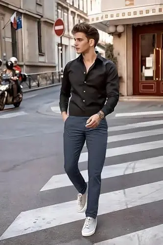 Plaid & Plain erkaklar uchun tor, cho'ziluvchan xaki shimlar, rangli shimlar, slim fit shimlar, konusli shimlar - 7