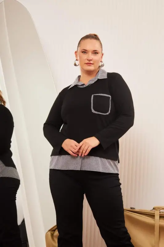 Plaid Plus Size Black Shirt Blouse with Pocket Detail - BÜYÜKBEDENIZ