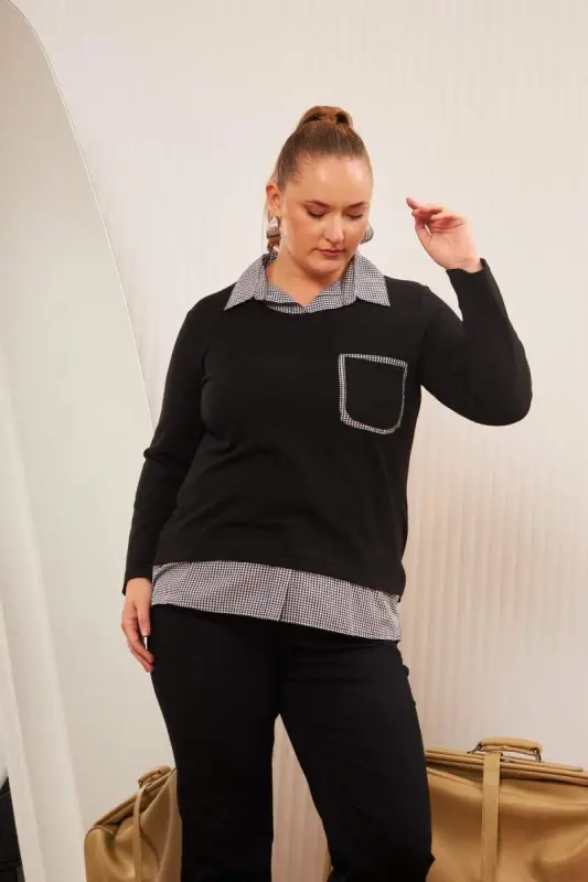 Plaid Plus Size Black Shirt Blouse with Pocket Detail - 2
