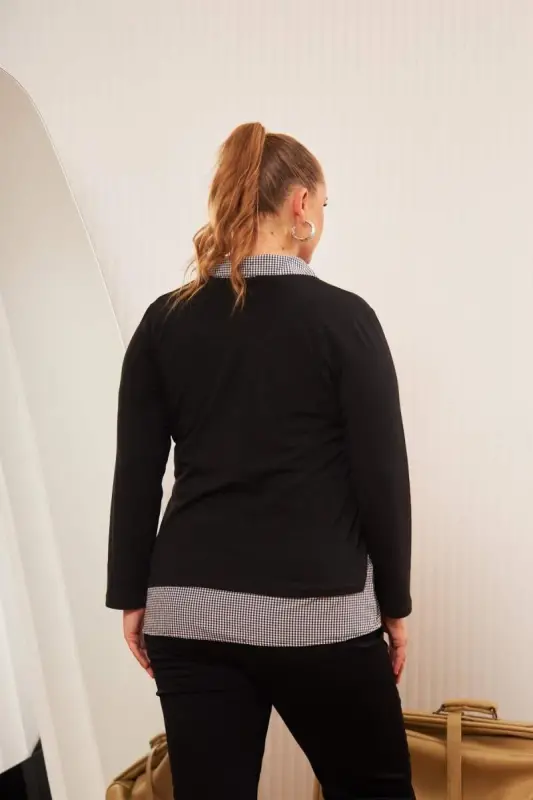 Plaid Plus Size Black Shirt Blouse with Pocket Detail - 4