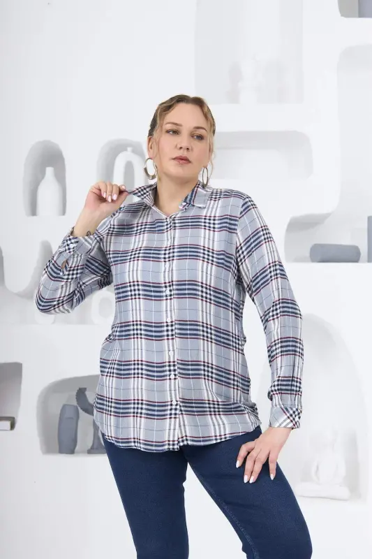 Plaid Plus Size Navy Blue Shirt - BÜYÜKBEDENIZ